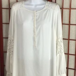 New Directions XL Top White Lace Accent Poet Sleeve Blouse Sheer Dress Shirt